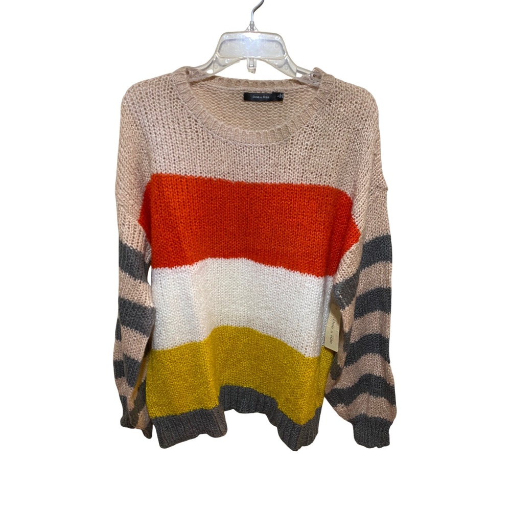 Doe & Rae Colorblock Striped Chunky Knit Sweater Orange Yellow‎ Grey Large NEW